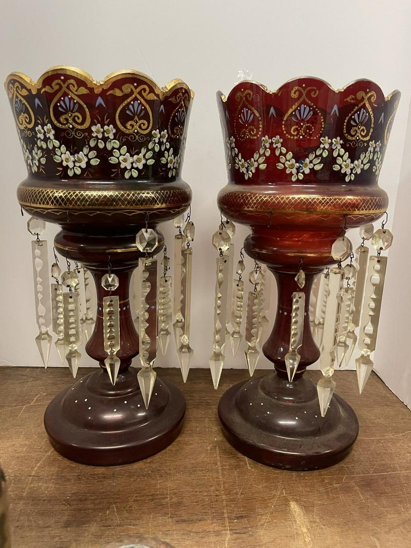 Pair of Decorated Cranberry Candle Lamps: Pair of Decorated Cranberry Candle Lamps w/ Prisms - approx 7.5" x 15"
