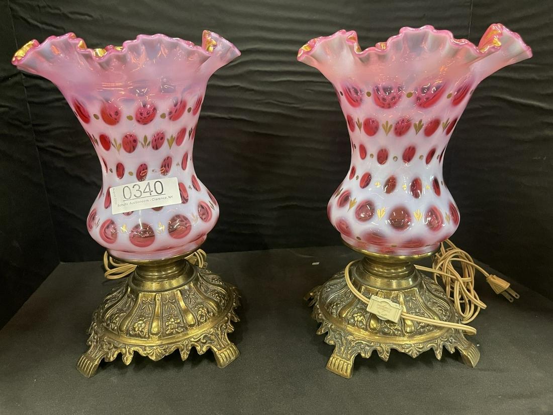 Pair of Fenton Coin Spot Lamps: Pair of Fenton Coin Spot Lamps with Gold Decoration - Approx 12" x 8"