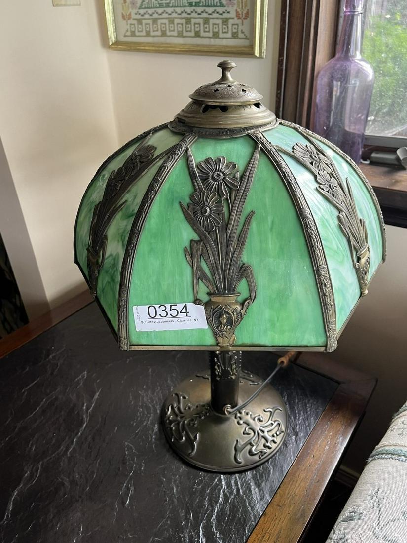 6 Panel Lamp with Green Slag Glass Panels (1 of 7)