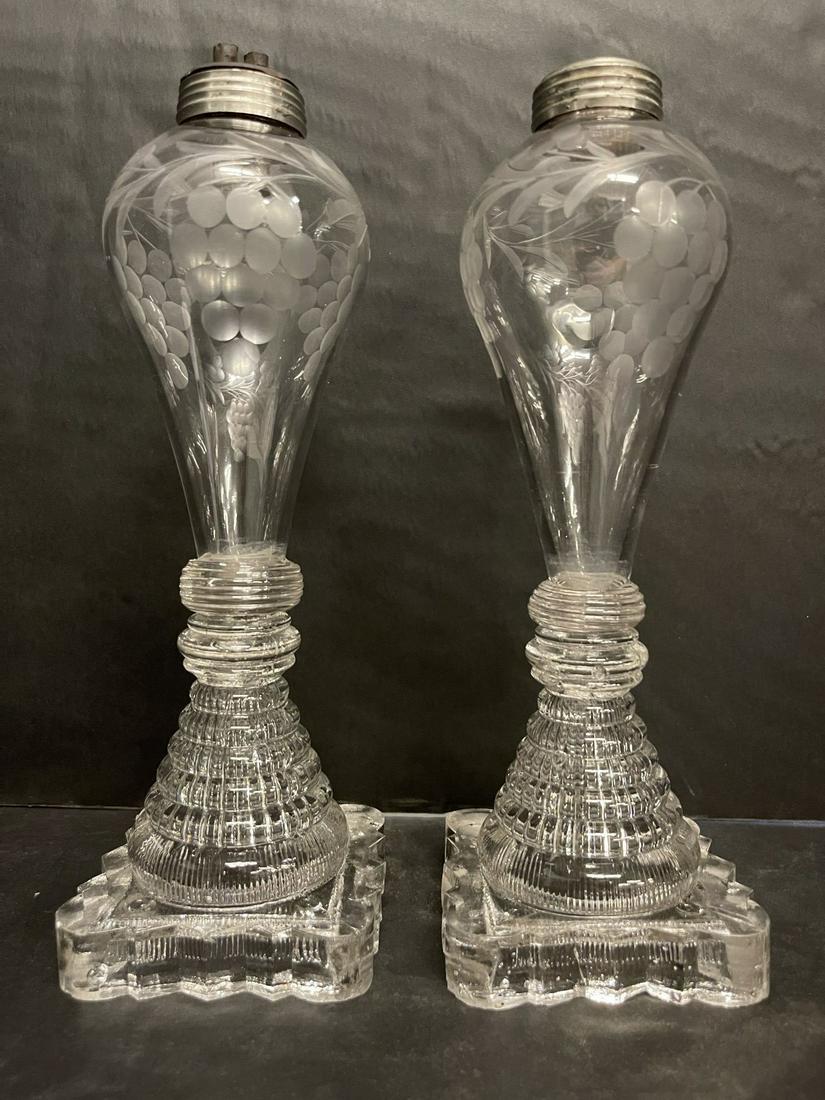 2 Whale Oil Lamps w/ Etched Design: 2 Whale Oil Lamps w/ Etched Design - approx 10.5" h x 3.5"