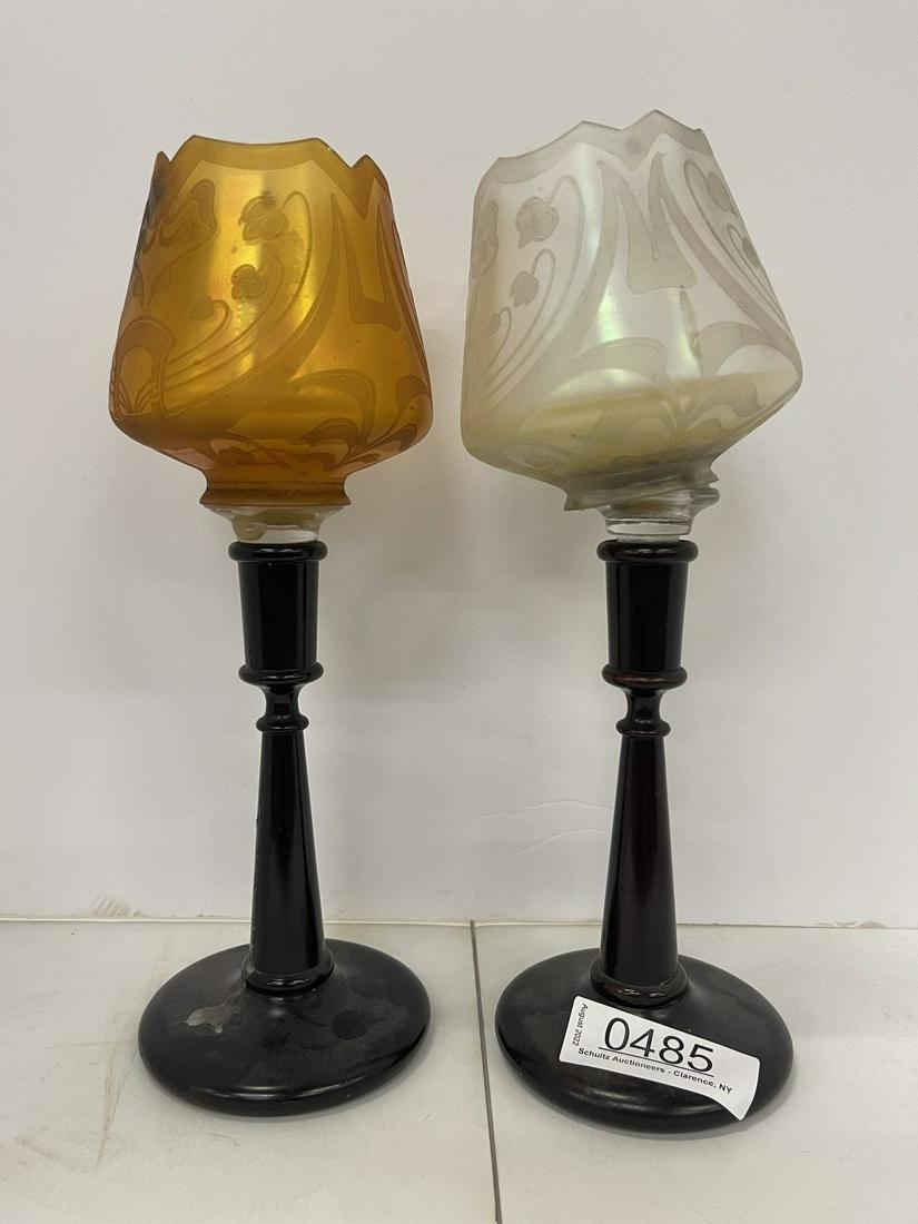 Etched Art Glass Shades on Wood Candlesticks (1 of 10)