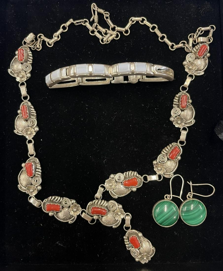Lot of Sterling Jewelry incl Navajo Necklace etc: Lot of Sterling Jewelry incl Navajo Necklace w/ coral, earrings, bracelet -