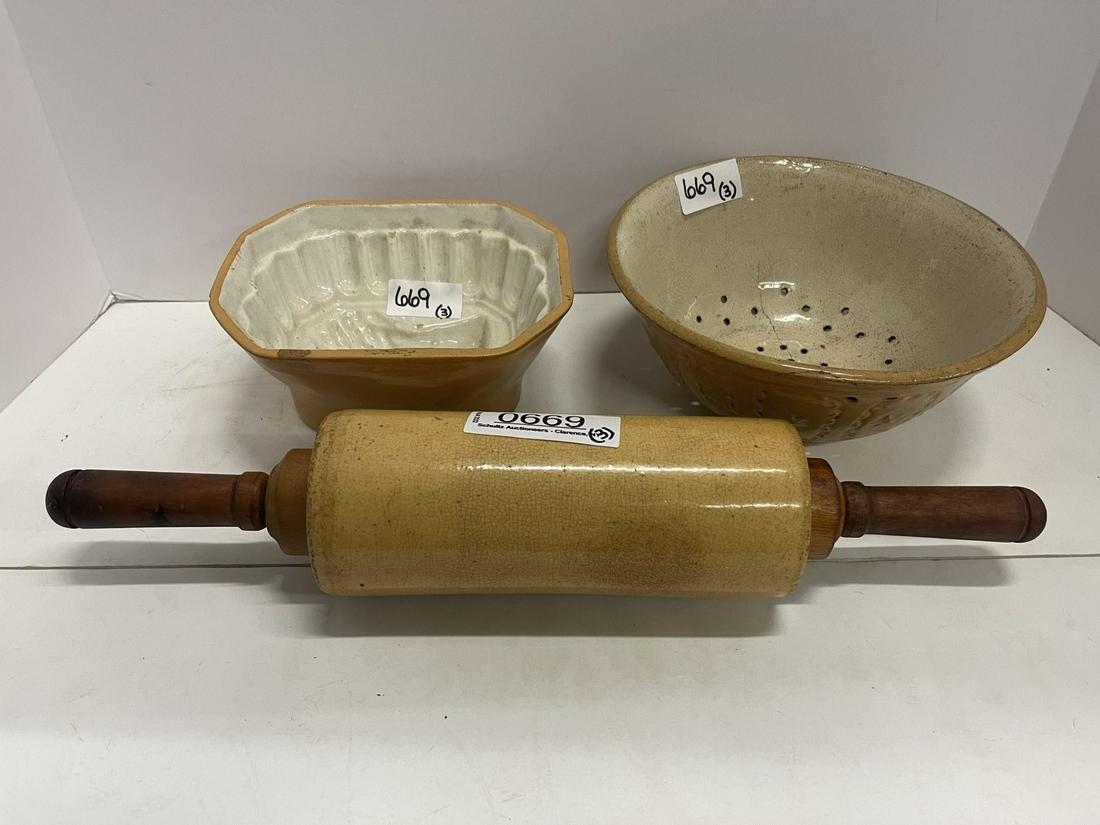 Yellow Ware Colander, Rolling Pin, Mold: Yellow Ware Colander, Rolling Pin, Mold -