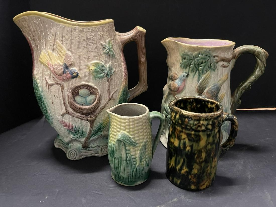 4 Majolica Pitchers, Birds, Corn, etc (1 of 14)