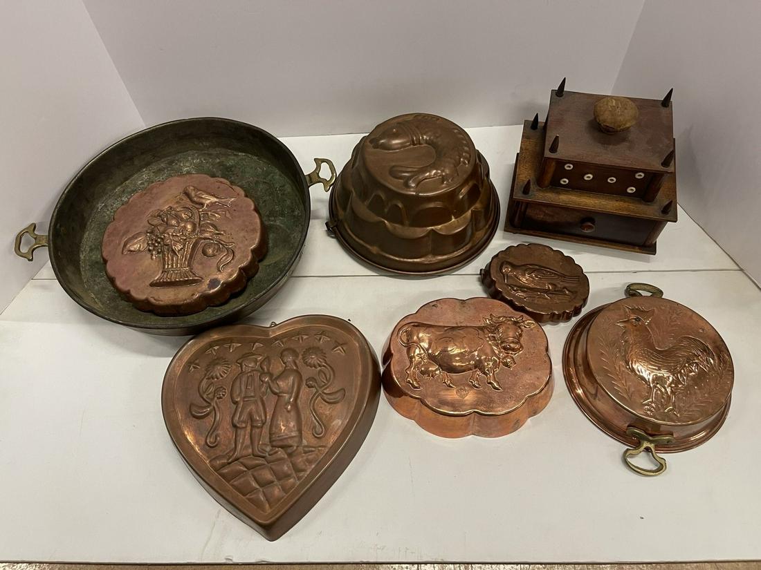 6pc Copper Molds Etc. and Wood Sewing Box (1 of 8)