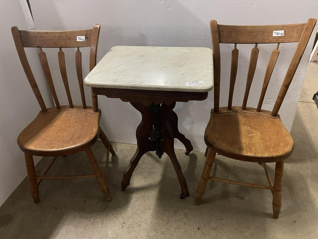 Small Marble Top Table & 2 Wood Arrow Back Chairs (1 of 8)