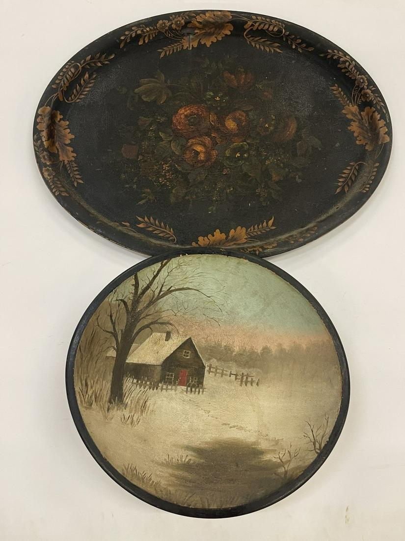 Folk Art Wooden Bowl and Tole Tray: Folk Art Painted Wooden Bowl and Tole Tray - Bowl approx 14.5" x 3.5" and tray approx 24" x 19"