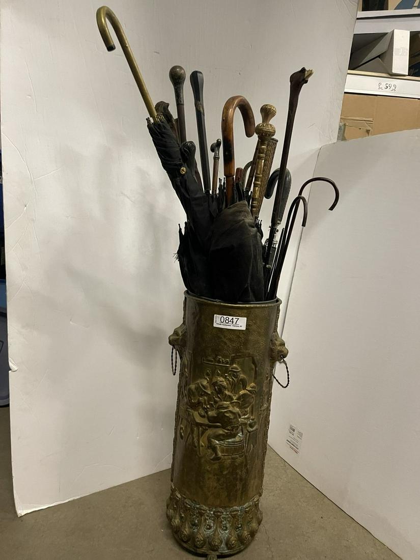 Embossed Brass Umbrella Holder w/ Umbrellas: Embossed Brass Umbrella Holder with Tin Insert and Antique Umbrellas - approx. 9 "x 23"