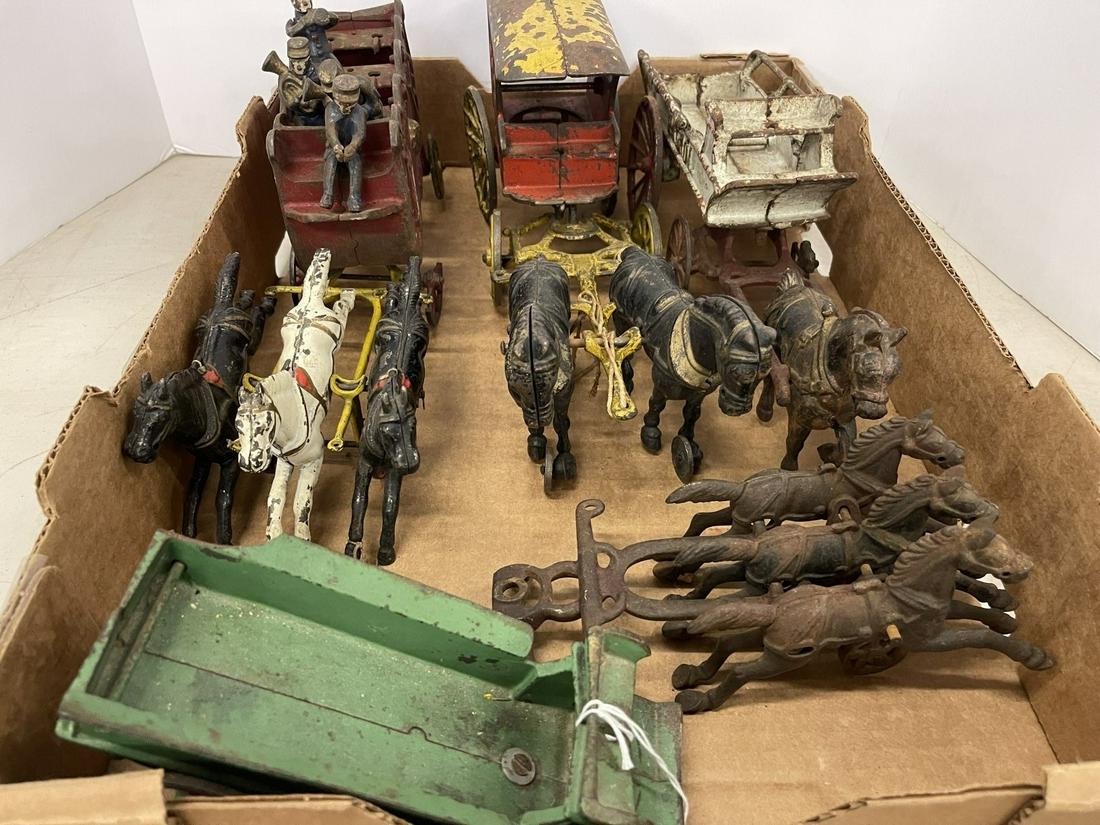 Group of Cast Iron Horse Drawn Wagons: Group of Cast Iron Horse Drawn Wagons incl. Ice, Patrol, & Overland Circus - Overland Circus approx. 4" x 6" x 14"