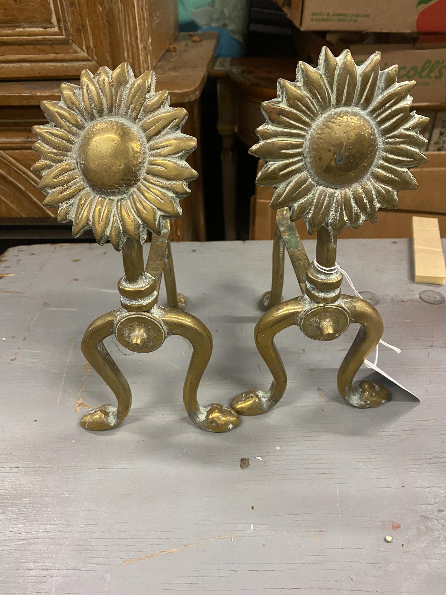 Pair Early Brass Andirons with Sunflowers: Pair Early Brass Andirons with Sunflowers - Approx. 10.5" H