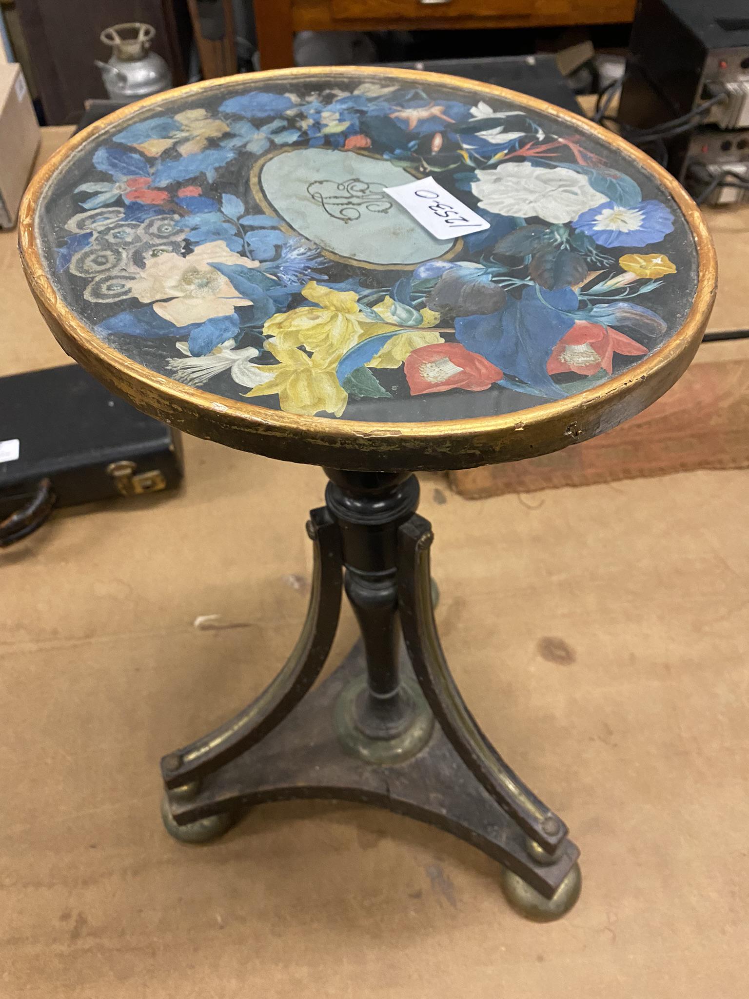 19th C Side Table with Hand Painted Decoration: 19th C Side Table with Hand Painted Decorated Top Wood and Brass Base -