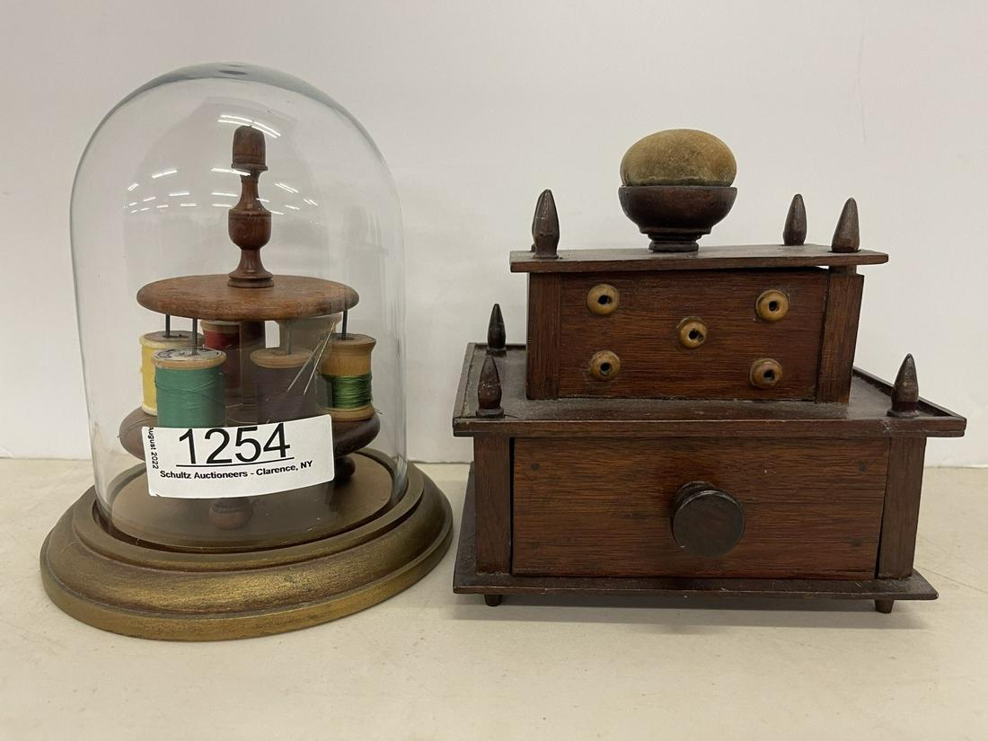 Wooden Thread Holder & Pin Cushion: Wooden Thread Holder under Glass Dome & Thread Holder & Pin Cushion on Wooden Box -