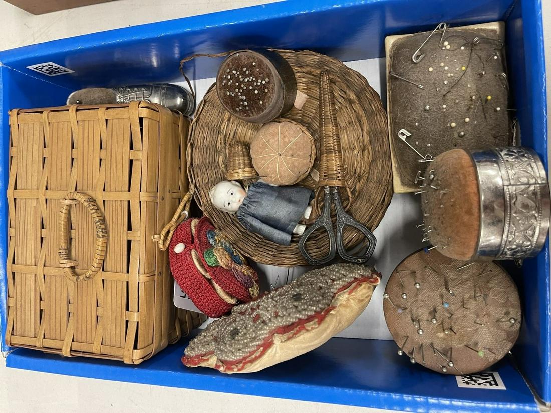 Group of Pin Cushions, Baskets, Scissors, etc: Group of Pin Cushions, Baskets, Scissors, etc -
