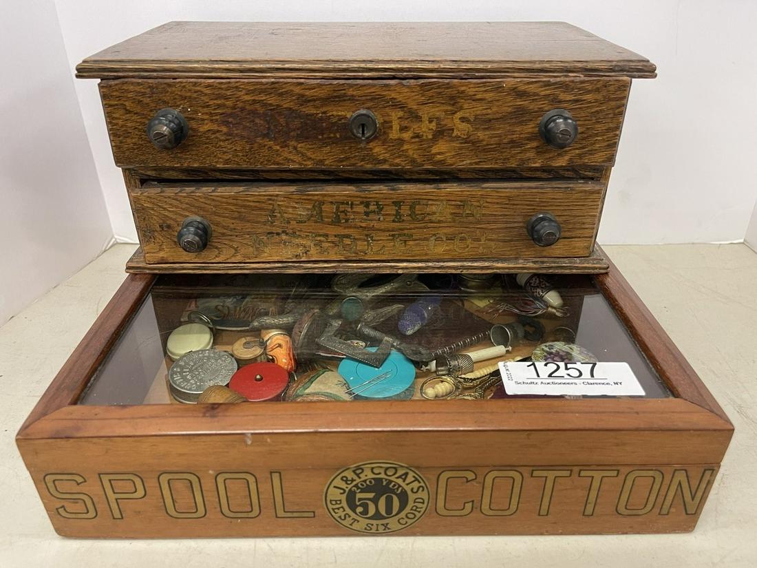 J & P Coats Display Box & American Needle Co Box: 2 Drawer American Needle Co. Box & J+P Coats Spool Cotton Glass Top Display Box w/ sewing birds, thimbles, tape measures, etc - box approx 12.5" x 12.5" x 3"
