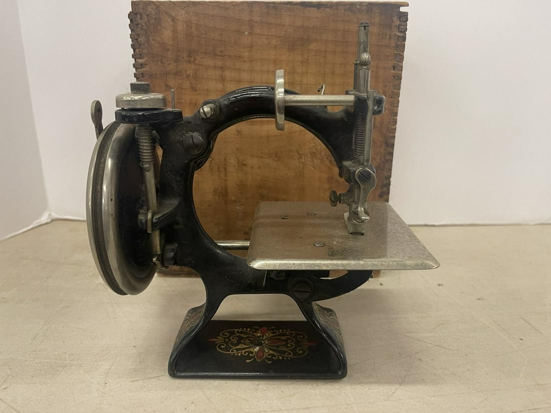 F. & W. Sewing Machine w/ Wood Box: F. & W. Sewing Machine w/ Wood Box - Approx. 10 x 4 3/4 x 7