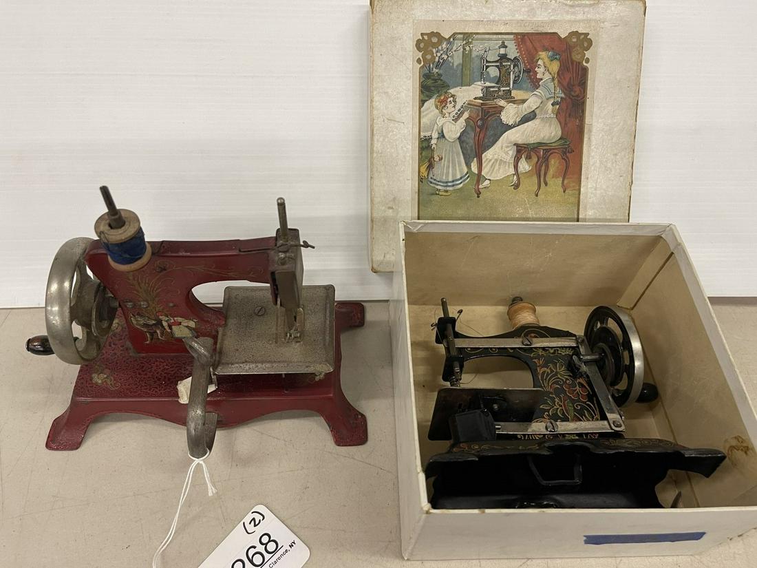 2 Sewing Machines incl.1 w/ Red Riding Hood Litho: 2 Sewing Machines incl. Red Riding Hood with Wolf Litho, 1915 Germany w/ Box -