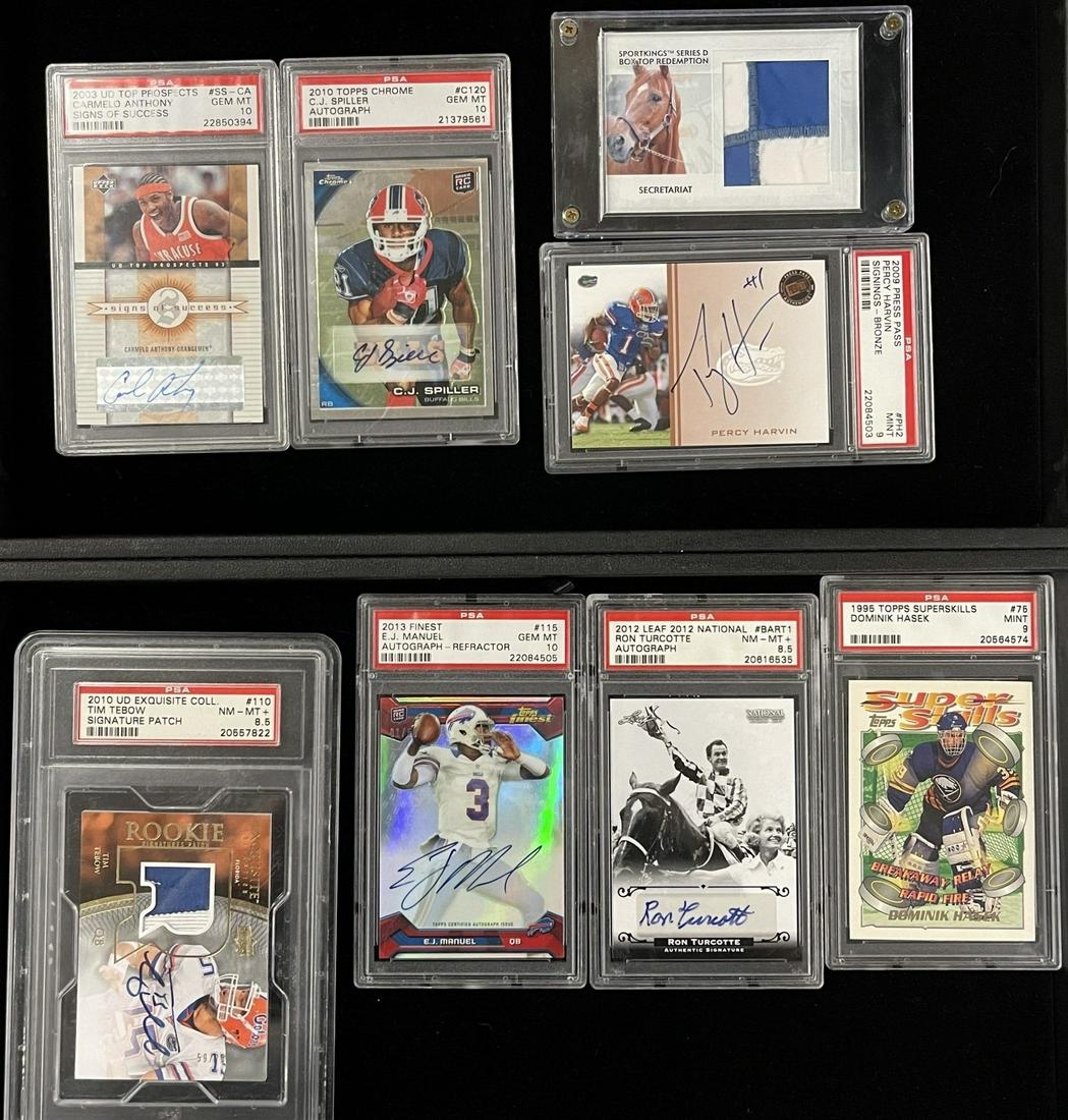 8pcs Sports Cards incl. Football, Hockey etc: 8pcs Sports Cards, some autographed incl. Carmelo Anthony 2003 Card PSA Gem Mint 10, CJ Spiller 2010 Topps PSA Gem Mint 10 Card, EJ Manuel 2013 Card PSA Gem Mint 10, Dominik Hasaek 1995 Topps Card PSA