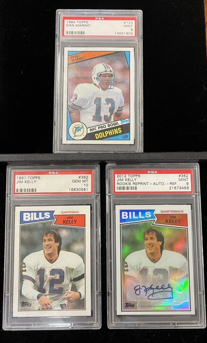 2 Jim Kelly Football Cards & Dan Marino Card: 3 PSA rated Football Trading Cards incl. Jim Kelly 1987 Topps Card #362 (PSA rated Gem Mint 10), Jim Kelly 2012 Topps Rookie reprint Autographed Card #362 (PSA rated Mint 9), and Dan Marino 1984 Topps