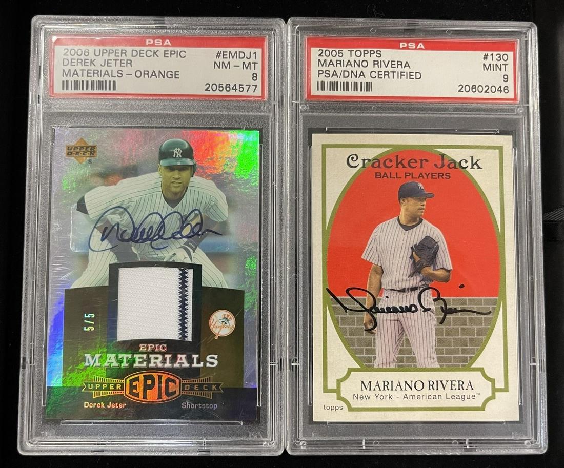 Derek Jeter & Mariano Rivera Baseball Cards: Mariano Rivera 2005 Topps Cracker Jack Ball Players Card #130 (PSA Rated Mint 9) and Derek Jeter 2006 Upper Deck Epic Materials Orange, Game Worn Patch, Card #EMDJ1, (PSA rated NM-MT 8) -