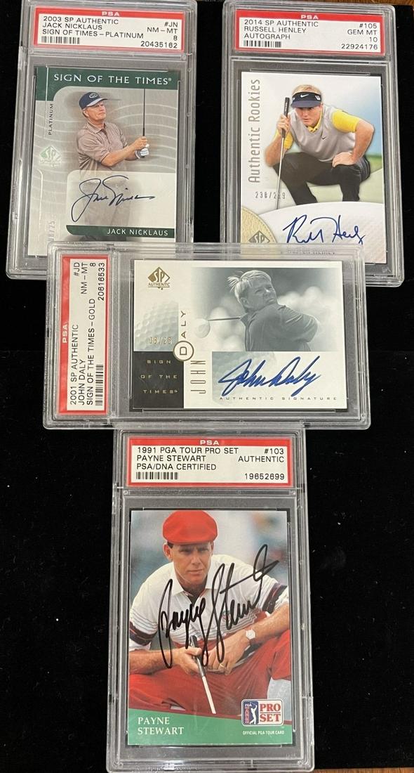 4 PSA Rated Autographed Golf Trading Cards: 4 PSA Rated Autographed Golf Trading Cards incl. 1991 PGA Tour Pro Set Payne Stewart #103 (Authentic), 2003 Jack Nicklaus Sign of Times Card (NM-MT 8), 2001 John Daly Sign of the Times Card (NM-MT 8),