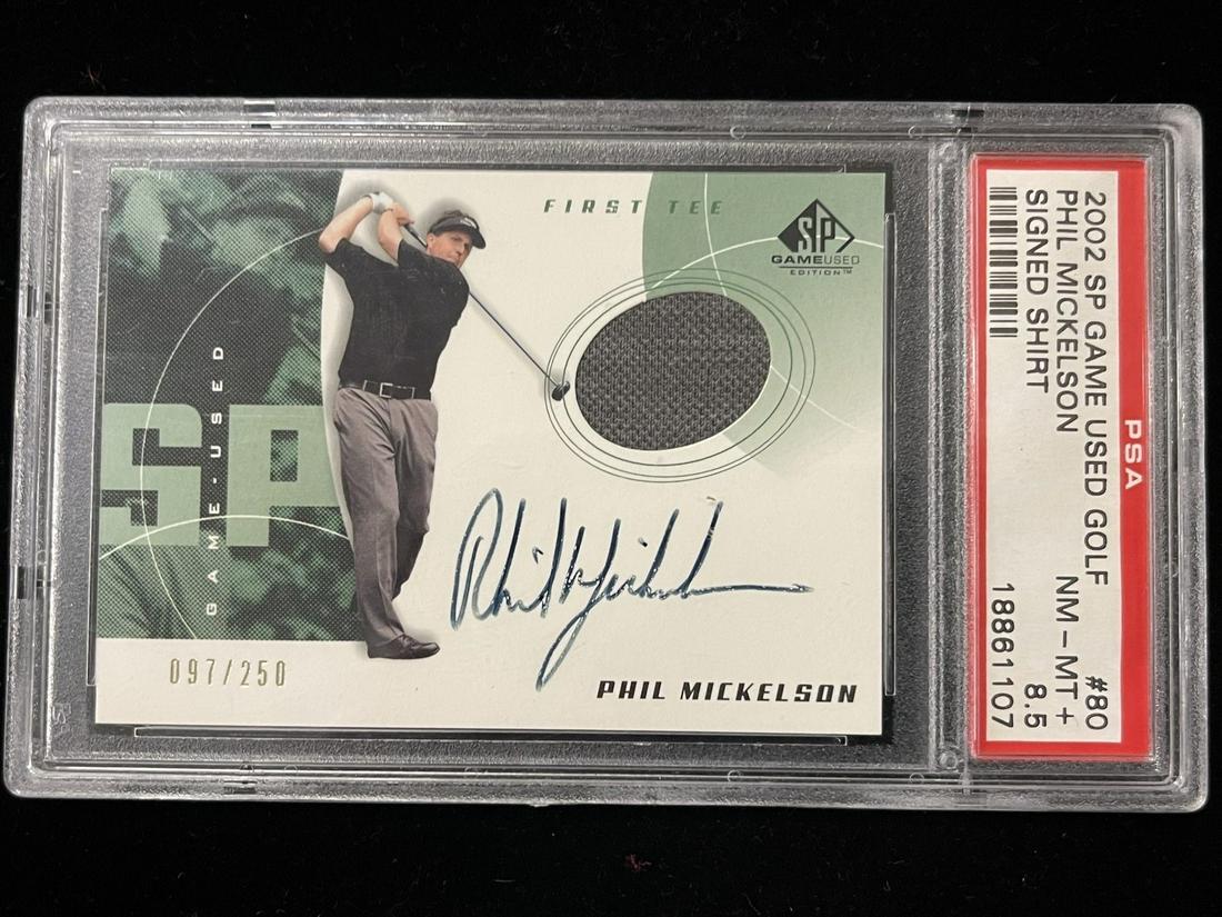 Phil Mickelson 2002 Autographed Golf Card: Phil Mickelson 2002 SP Game Used Golf Signed Shirt Card, Autographed, Card #80, PSA rated NM-MT +8.5 -