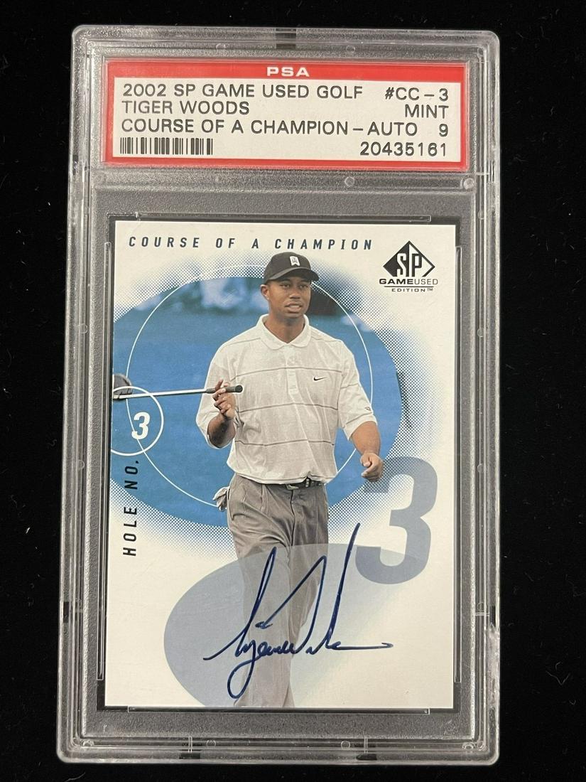 Tiger Woods Autographed Golf Card: Tiger Woods 2002 SP Game Used Golf Autographed Card, Course of Champions Hole #3, PSA Rated Mint 9 -