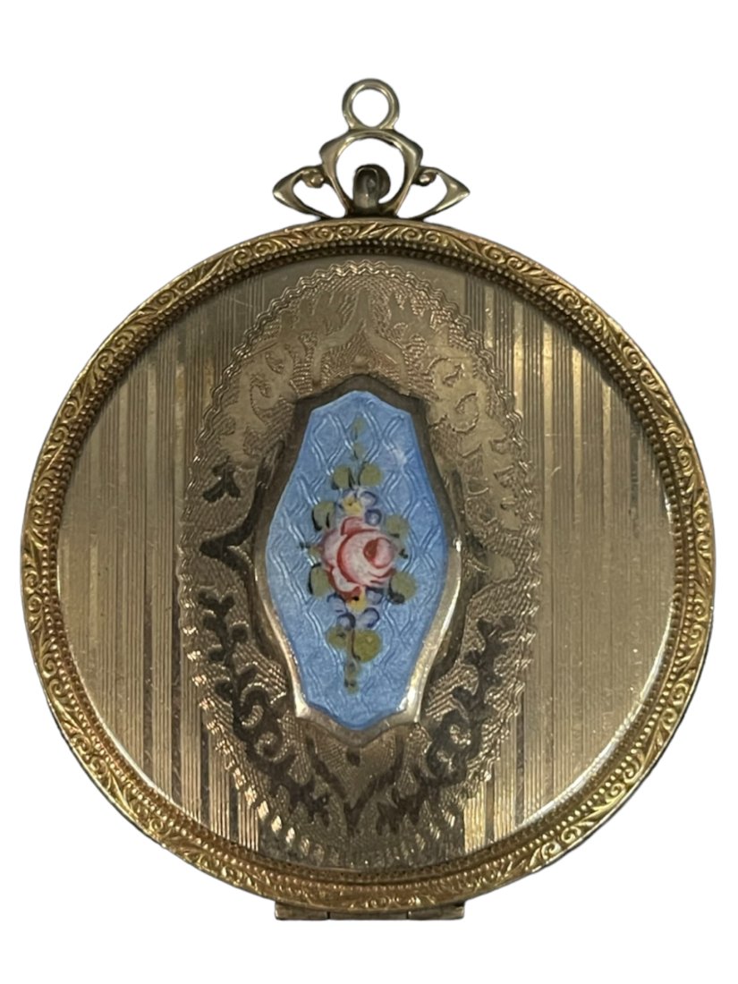Gold & Enameled Compact: Gold & Enameled Compact, front is 14k gold - Approx. 2" diam
