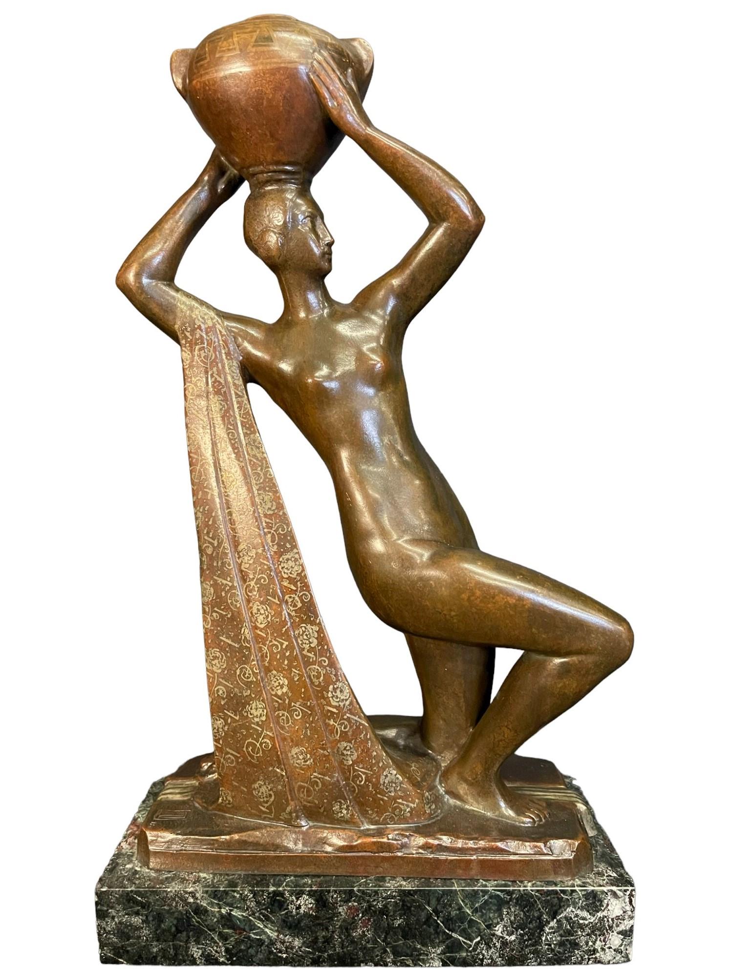 Raoul Eugene Lamourdedieu Bronze Nude Woman: Raoul Eugene Lamourdedieu Bronze Nude Woman with Polychrome on Draping. Provenance: Collection of Governor Jim Thompson, Chicago - Approx. 9 x 3 1/2 x 17 3 /16