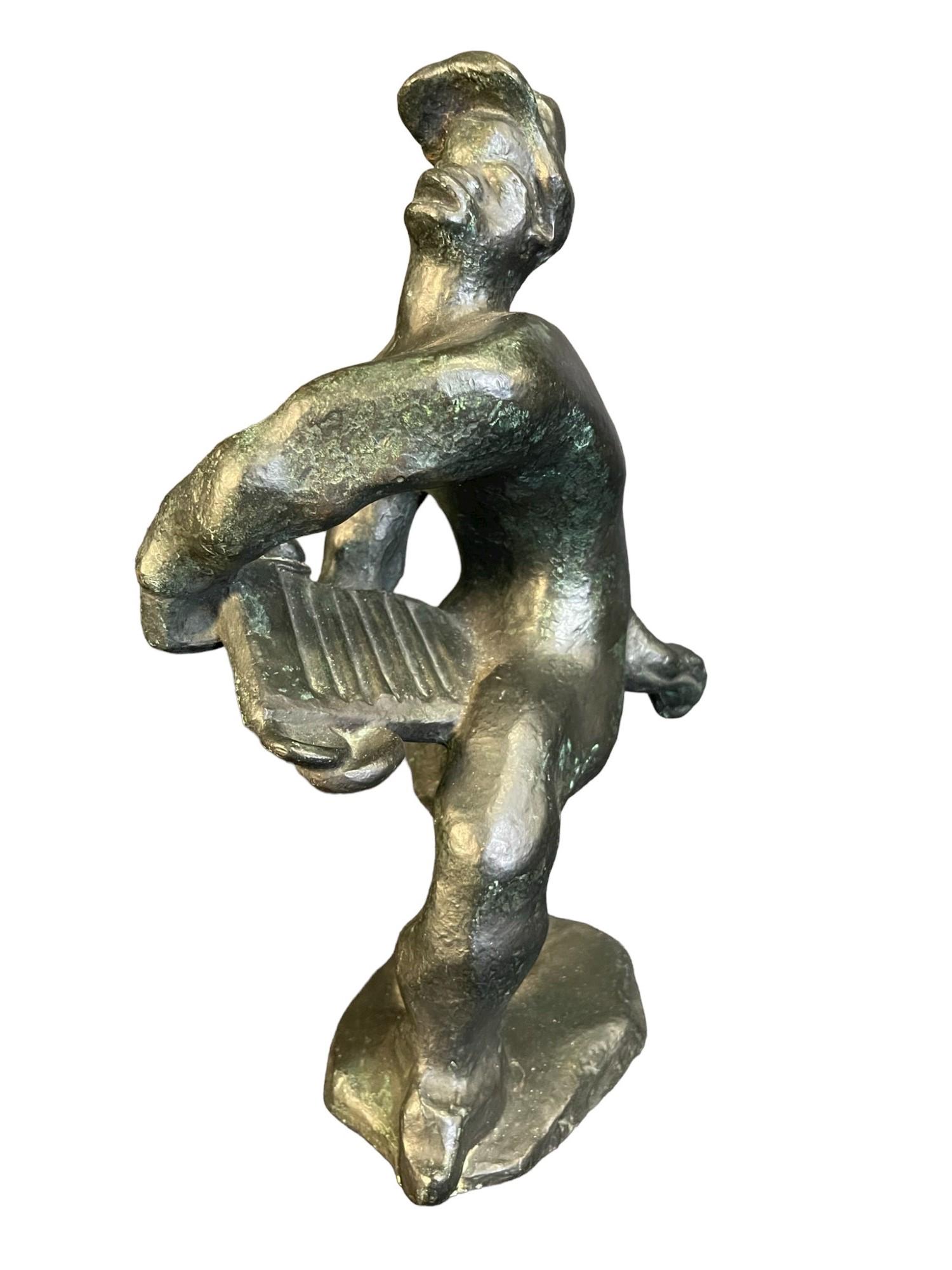 Bronze Sculpture of Abstract Man with Instrument: Bronze Sculpture of Abstract Man with Instrument - Approx. 12" h