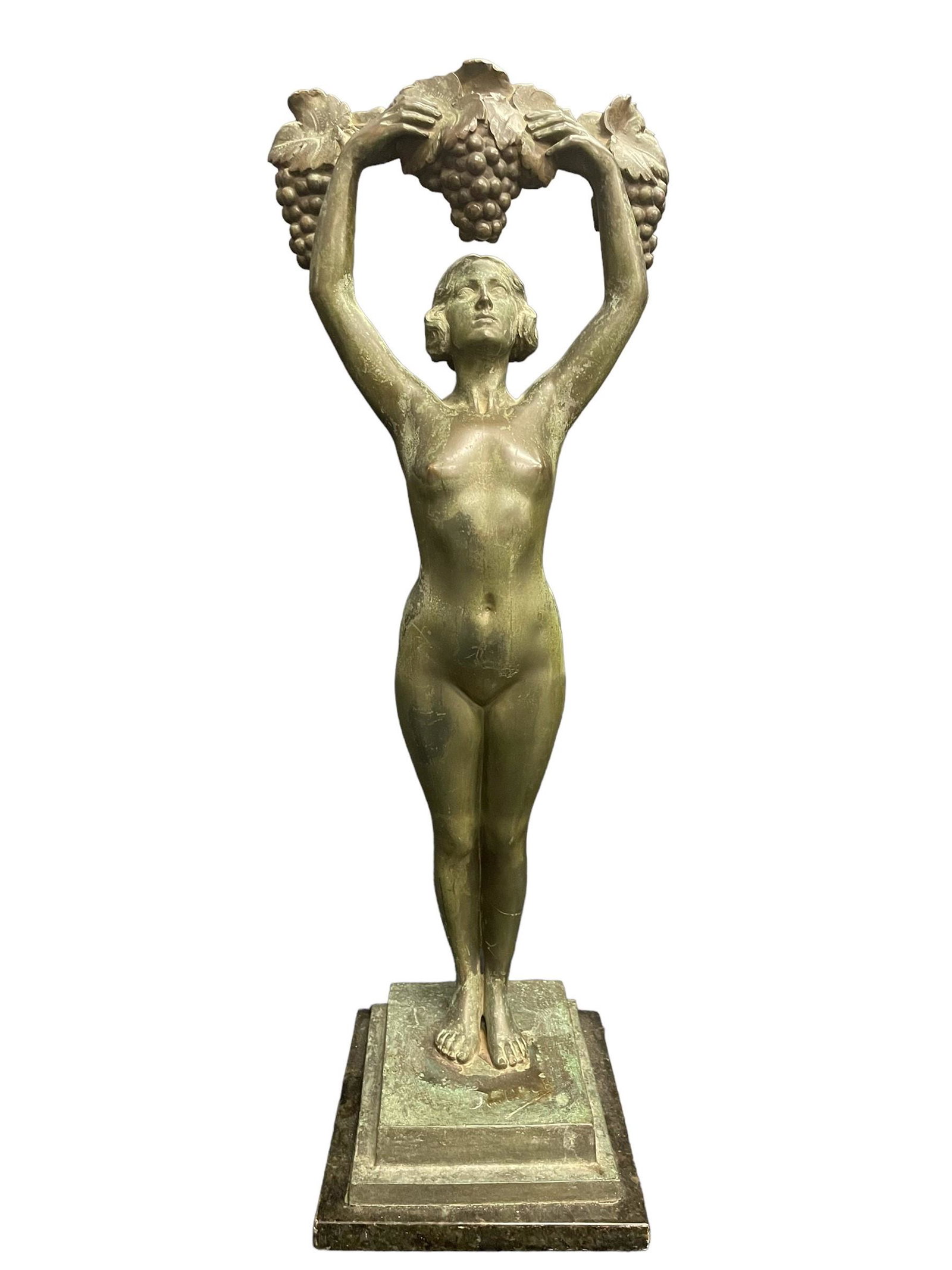Signed French Art Deco Bronze: Signed French Art Deco Bronze Nude Woman with Grapes - Approx. 11 x 9 3/4 x 29H