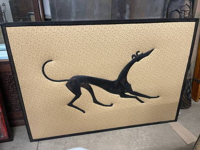 William Hunt Diederich Iron Greyhound Dog: William Hunt Diederich Monumental Large Hand Wrought Iron Greyhound Dog on Gold Fabric Background Mounted on wood - approx 42" x 60"