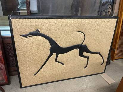 William Hunt Diederich Iron Greyhound Dog: William Hunt Diederich Monumental Large Hand Wrought Iron Greyhound Dog on Gold Fabric Background Mounted on wood - approx 42" x 60"