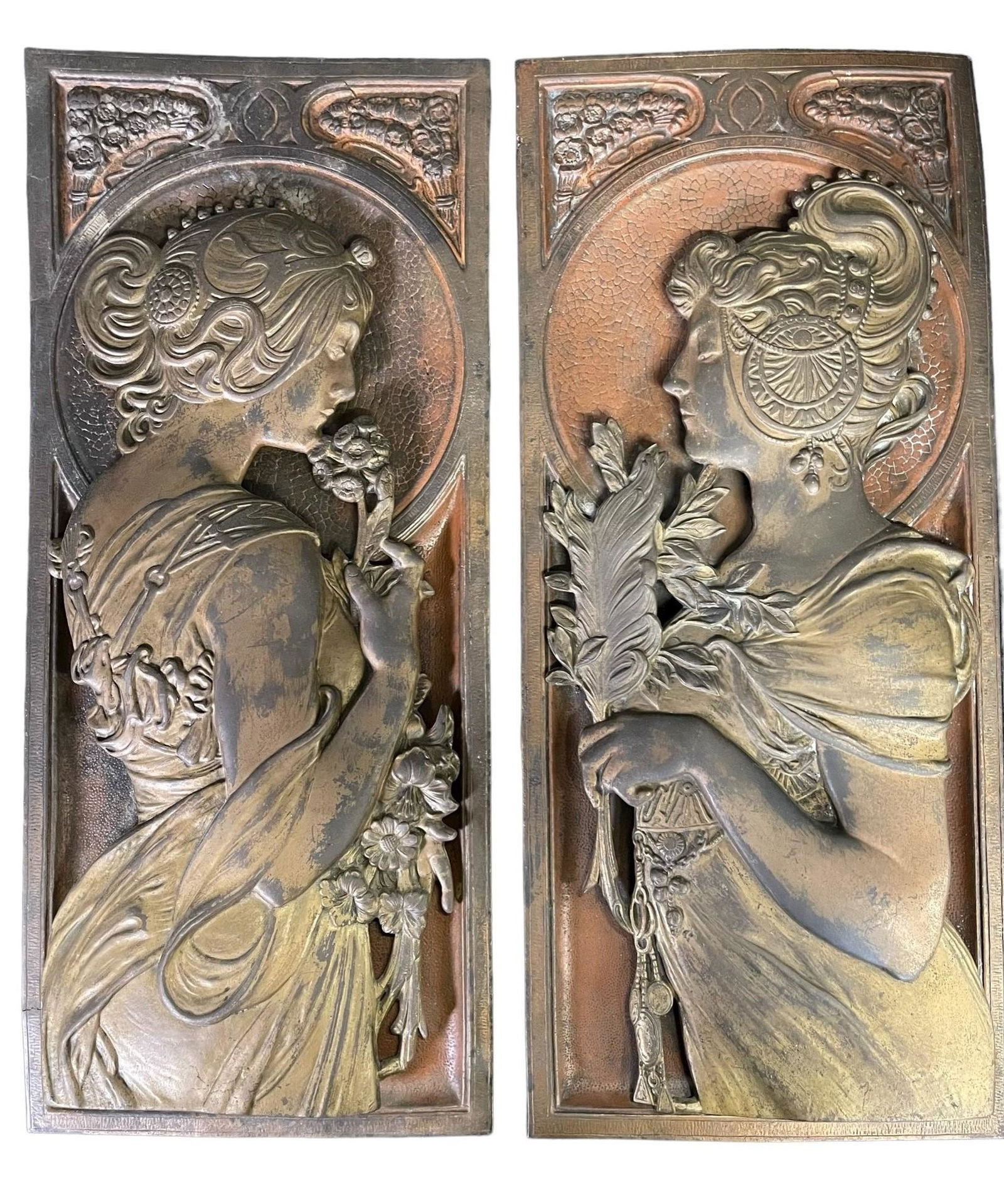 Pair of Art Nouveau Iron Plaques, Attrib. Mucha (1 of 5)