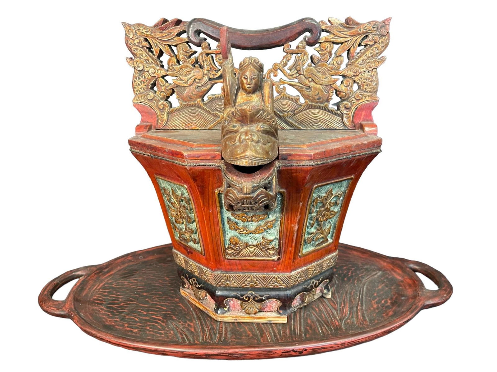 Asian Carved Wooden Bucket & Carved Wooden Tray (1 of 8)