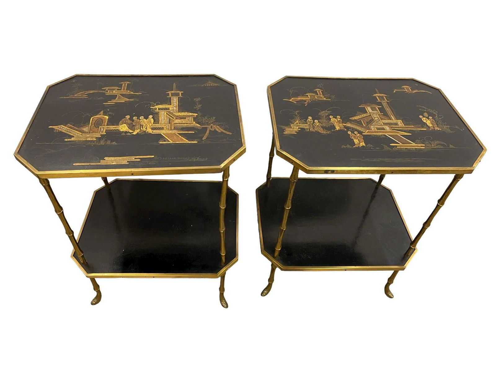 Pair of Asian Lacquered & Brass 2 Tier End Tables (1 of 6)