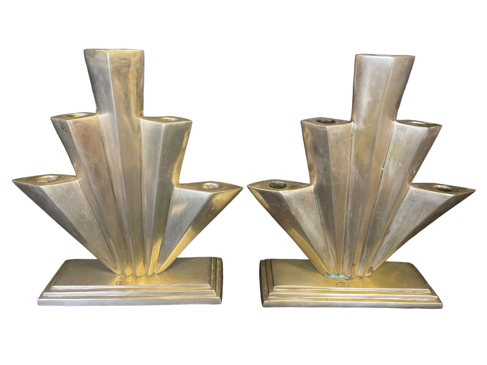 Pair Machine Age Candle Holders Signed K.W. (1 of 7)
