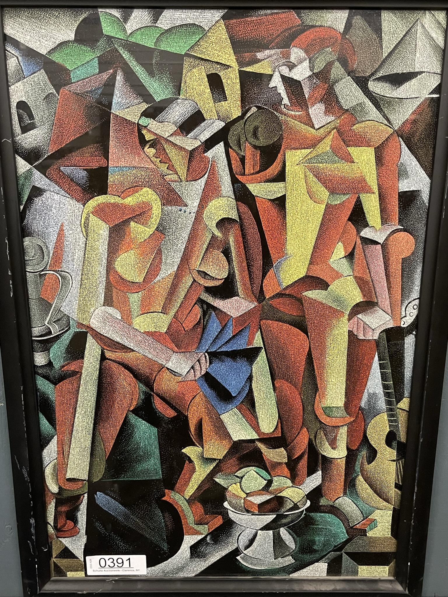 Tile Painted Cubist Plaque: Tile Painted Cubist Plaque - Frame approx. 25 1/2" x 18"