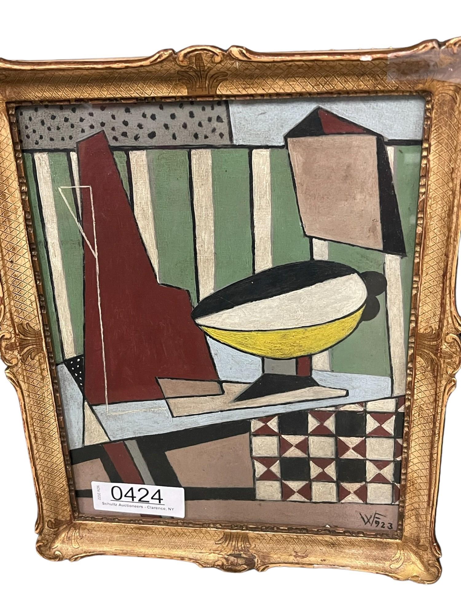 Cubist Still Life Painting Signed: Cubist Still Life Oil on Board Painting Signed and Dated WF 923 - Frame approx. 13.5" x 11"