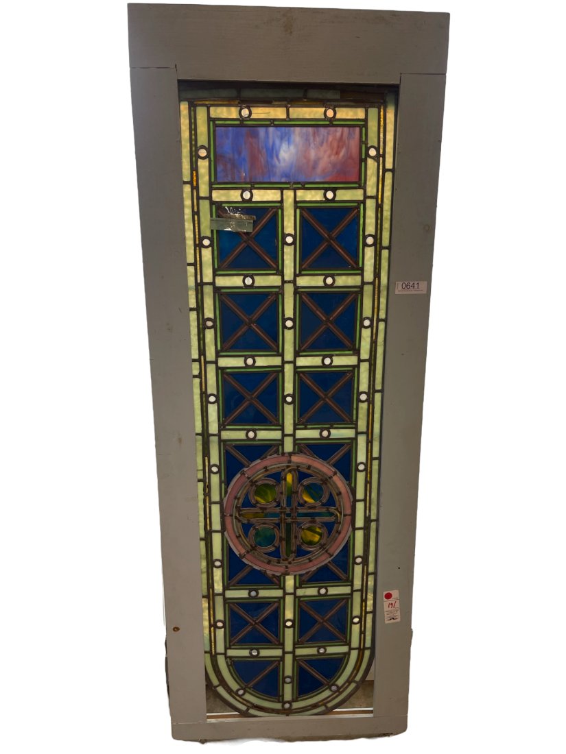 Lead Glass Window with Rounded Top: Lead Glass Window with Rounded Top, Framed - Approx. 23 1/2 x 66