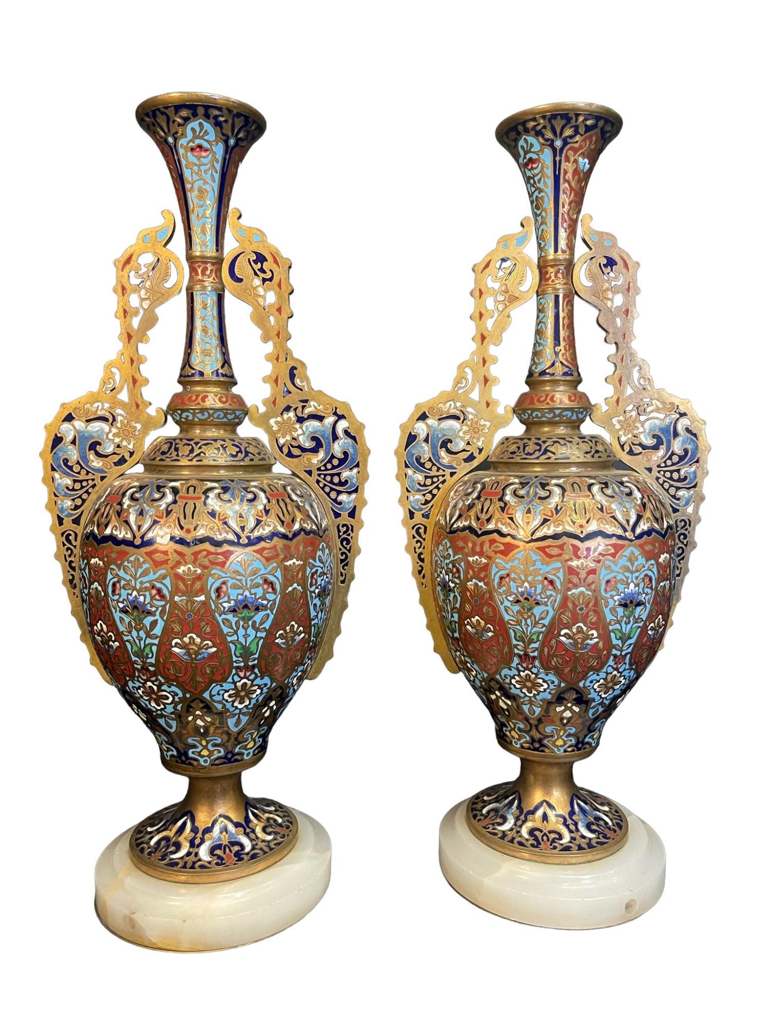 Pair of Cloisonne Vases on Marble Bases (1 of 11)