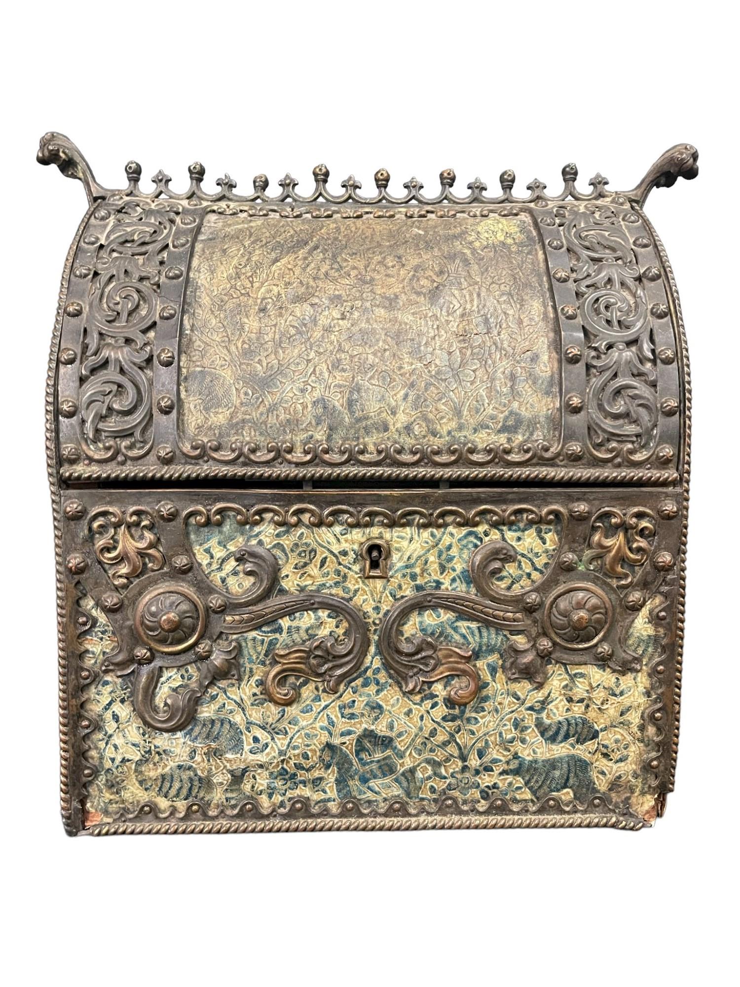 Bronze and Paper Embellished Cathedral Shaped Box: Bronze and Paper Embellished Cathedral Shaped Box - Approx. 8 1/2 x 5 x 10