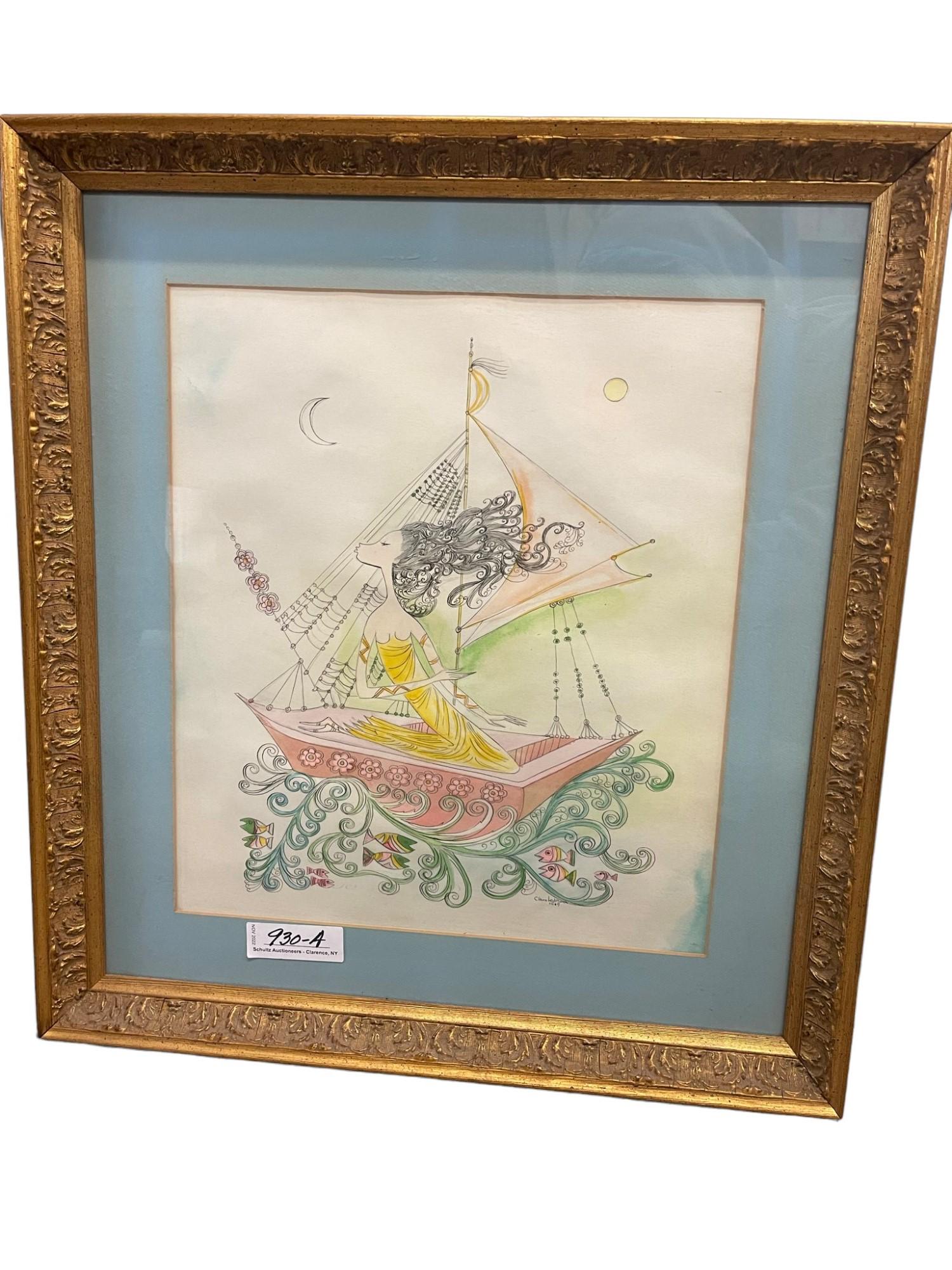 Clara LeDesma 1969 Watercolor & Ink on Paper: Clara LeDesma 1969 Watercolor & Ink on Paper "Woman Fantasy Sail" - approx 20" x 23"