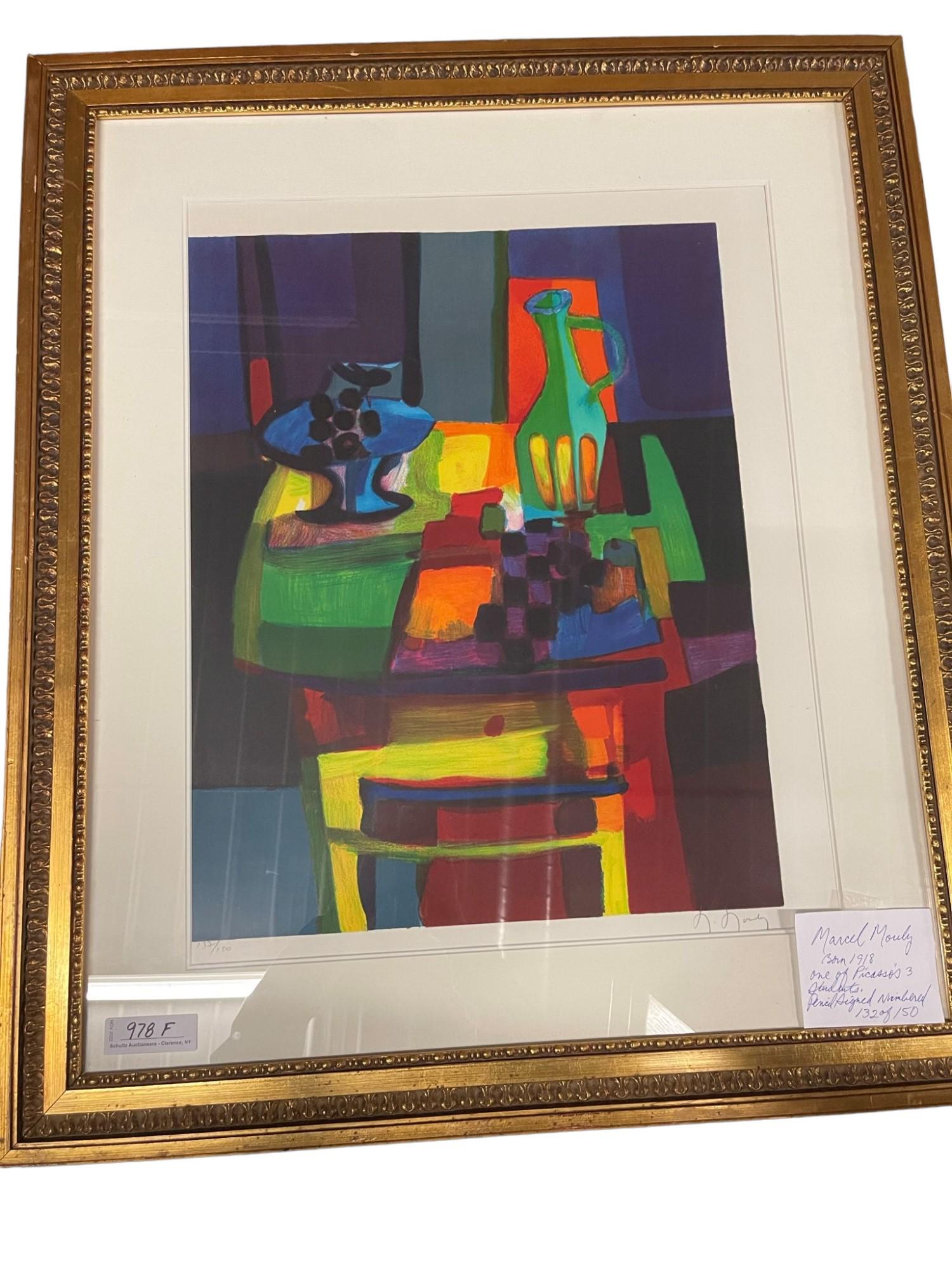 Marcel Mouly Cubist Lithograph: Marcel Mouly Cubist Lithograph, Pencil Signed 132/150 - framed approx 30" x 35"
