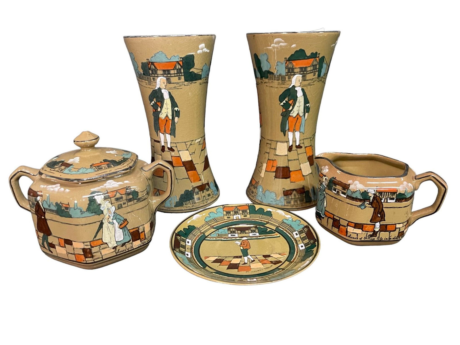 Buffalo Pottery Pair Glasses,Sugar/Creamer Saucer: Buffalo Pottery, Pair Glasses, Sugar/Creamer Saucer - Approx. 3 1/2 x 7