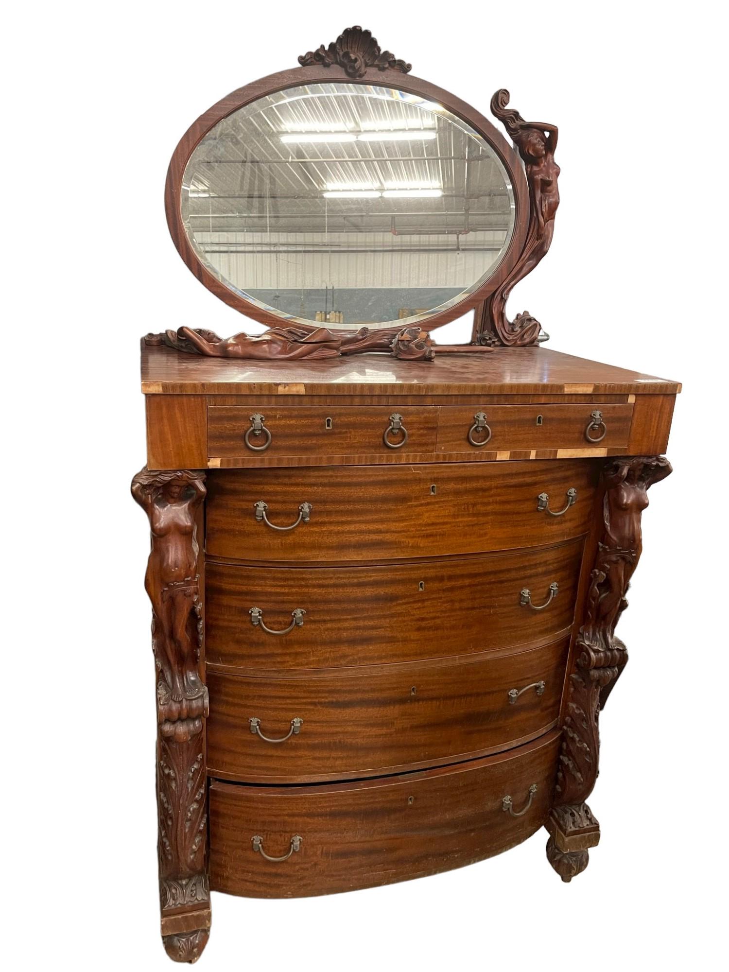 6 Drawer Bow Front Dresser: 6 Drawer Bow Front Dresser with Carved Columns Nude Figures - Approx. 43 x 24 x 50