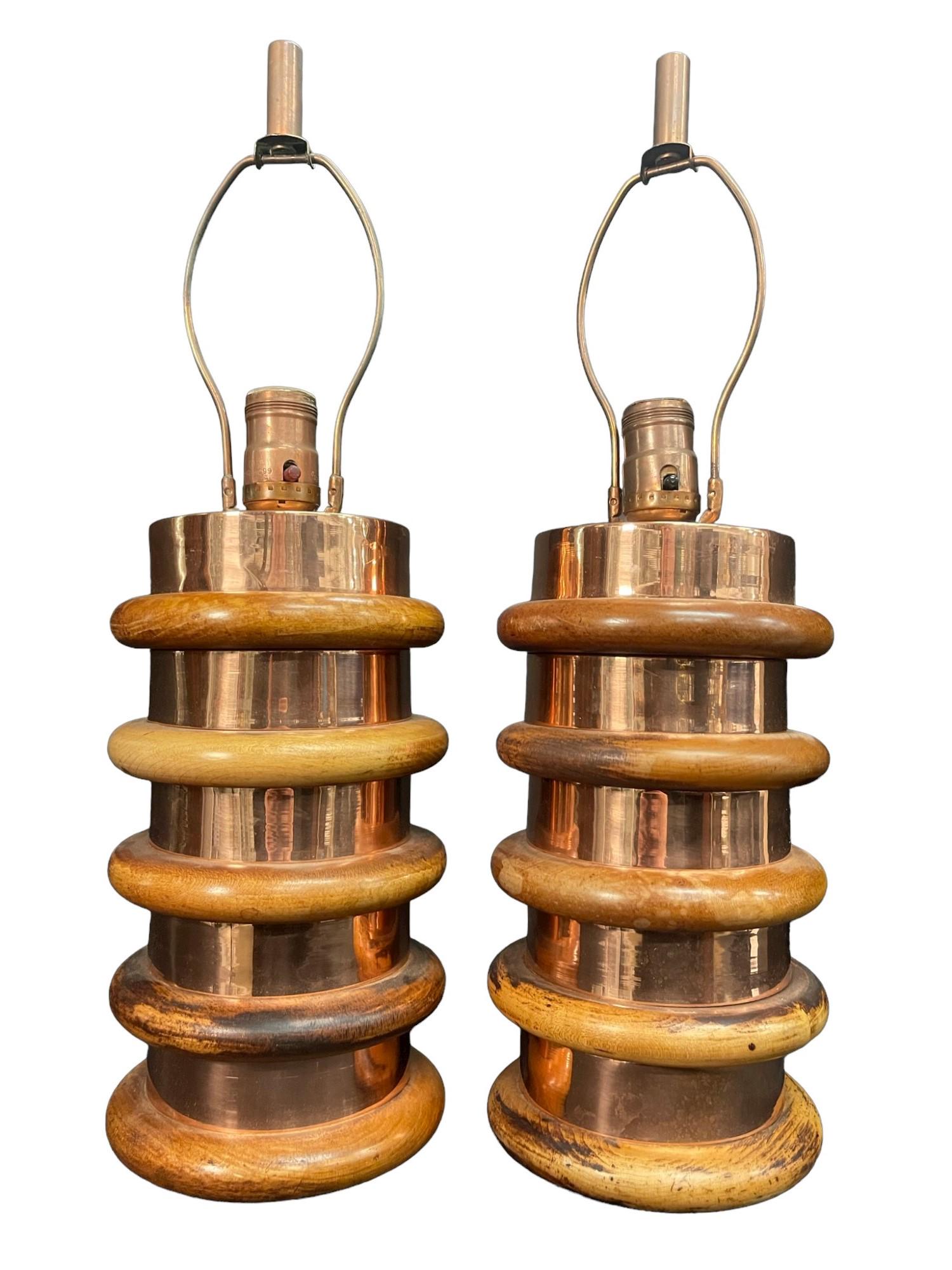 Pair of Mid Century Wood & Copper Lamps (1 of 4)