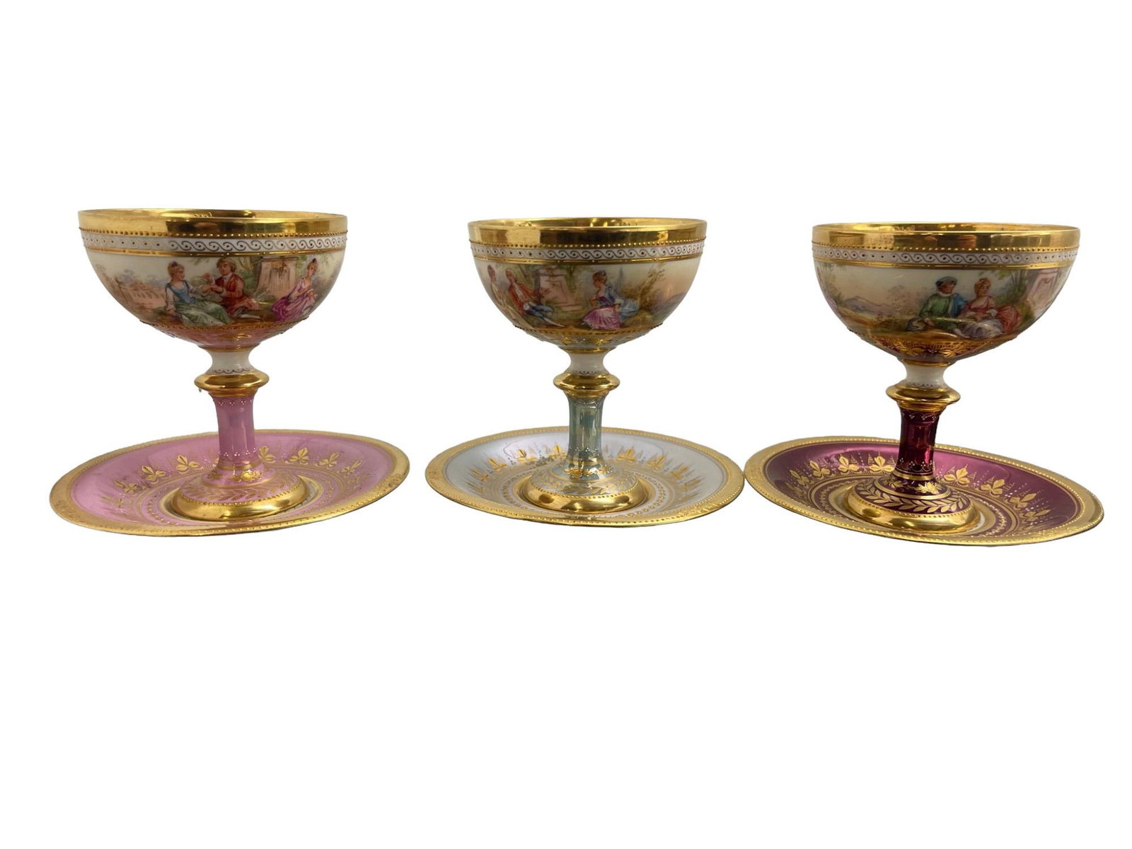 3 Dresden Hand Painted Fine Goblets: 3 Dresden Hand Painted Fine Goblets w/ Matching Underplate - Approx. 3 1/2 x 4 1/4