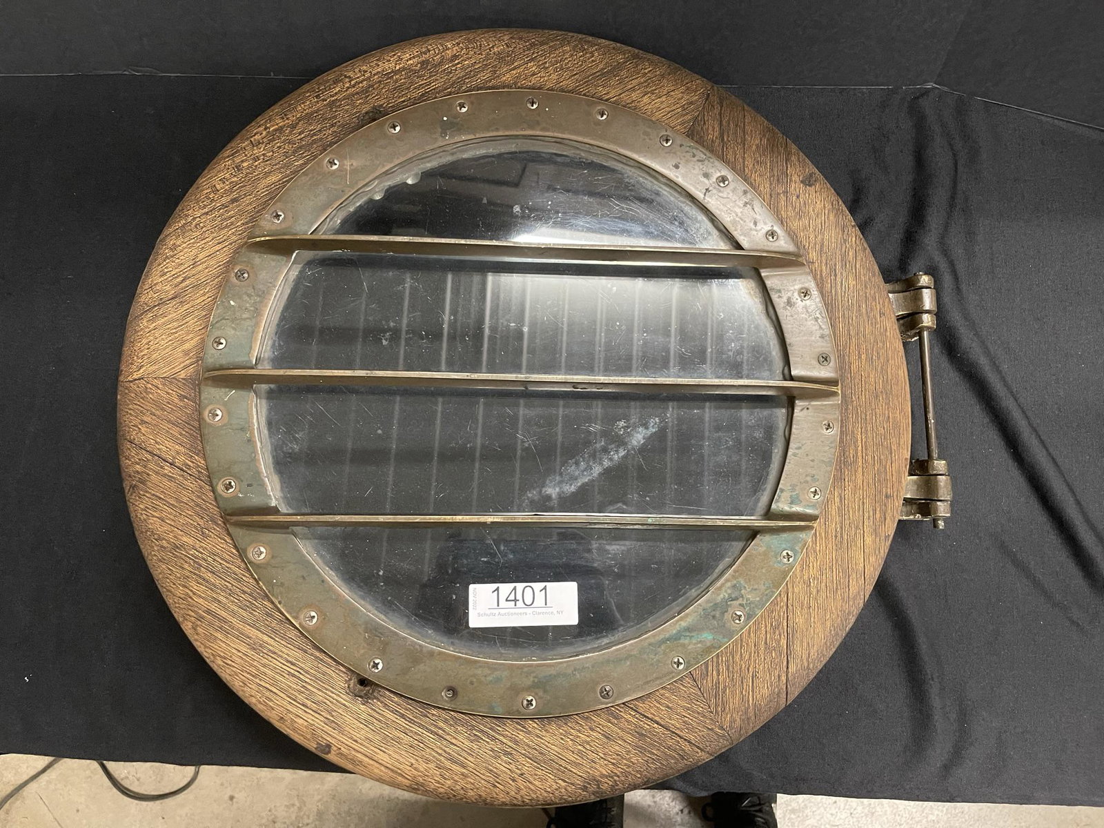 Brass & Oak Porthole Window: Brass & Oak Porthole Window with hinges on it - Approx 20" diam