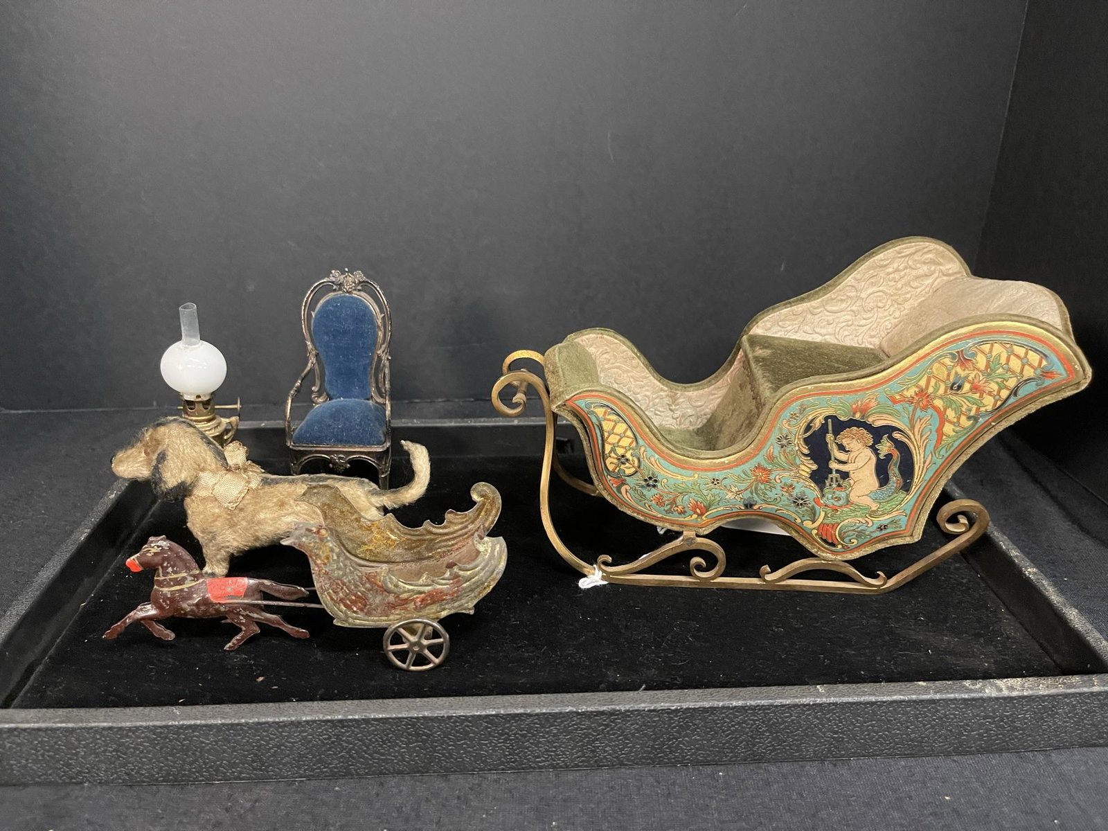 Tray w/ Doll House Metal Chair, Lamp, etc: Tray w/ Doll House metal chair, banquet lamp, decorated sleigh, small tin toy of horse pulling chicken cart -