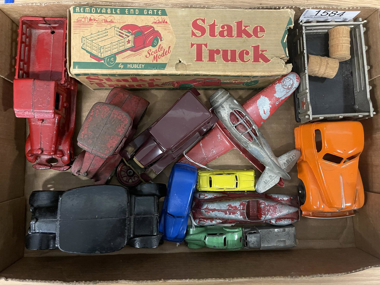 Box Lot of Tin & Iron Toy Cars, Trucks and Plane: Box Lot of Tin & Iron Toy Cars, Trucks and Plane -